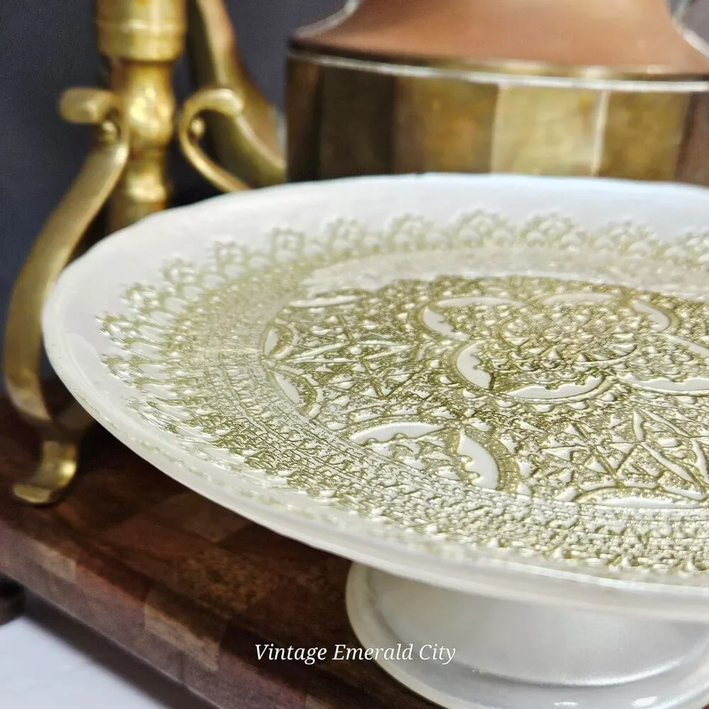 Vtg Turkish Glass White Cake Stand Pedestal Dessert Serving Platter Gold Lace